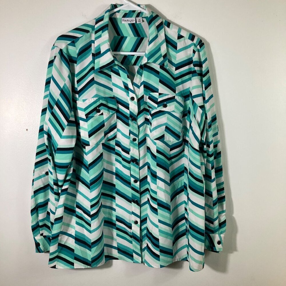 Womens Kim Rogers Green White Geometric LS Button‎ Blouse 2X